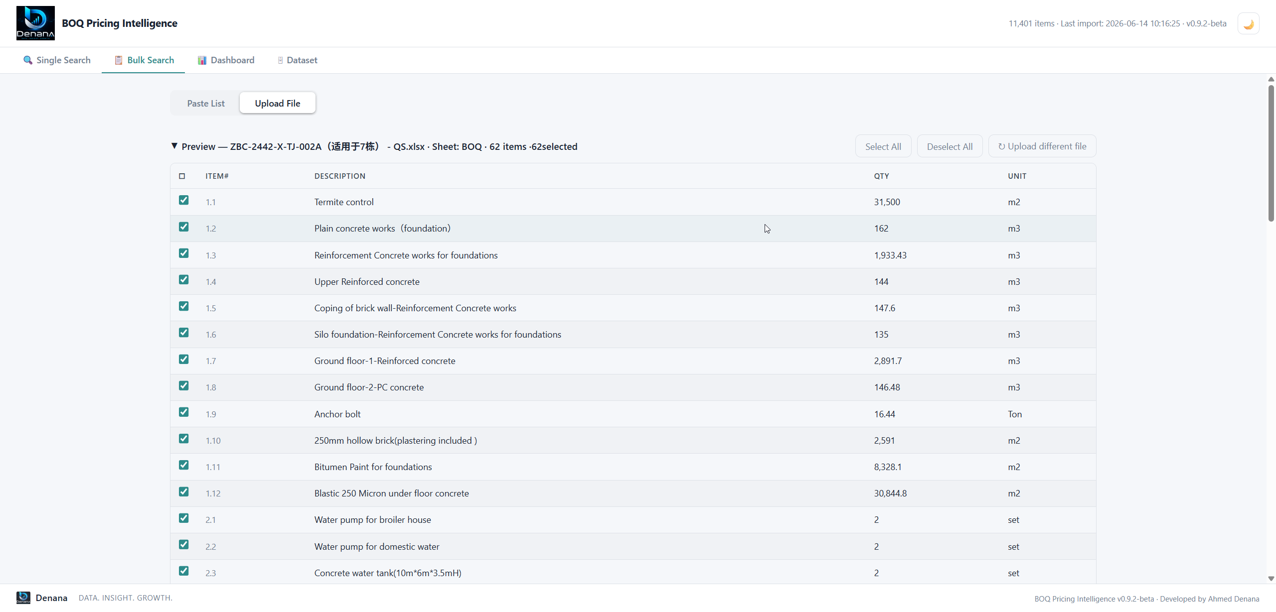 BOQ bulk-search workflow for selecting and reviewing client BOQ items before matching