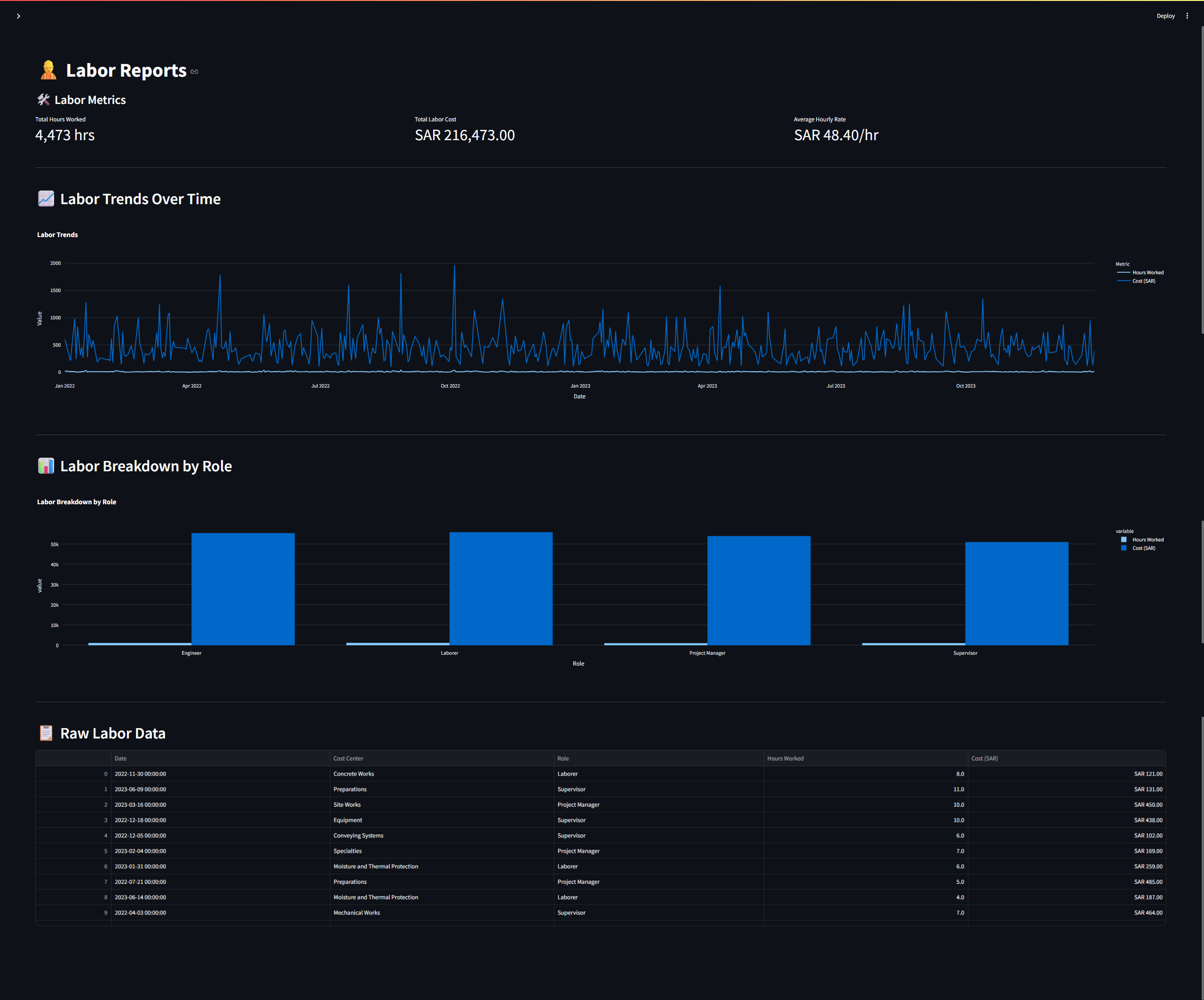 Healthcare project labor analysis screen